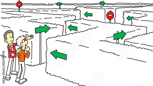 Cartoon illustration of a teacher guiding a student