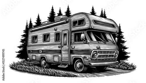 Hand-drawn engraving of a vintage camper van in nature setting  