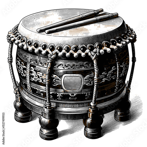 Hand-drawn engraving of a Chinese drum Paigu with sticks and decorative details. This detailed illustration shows a traditional Chinese drum Paigu, perfect for cultural heritage projects.