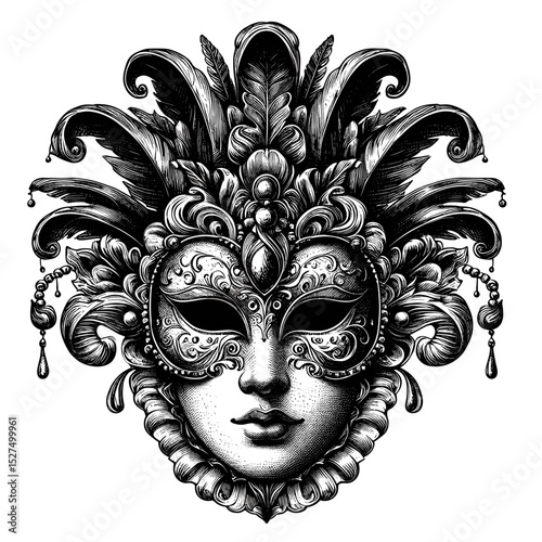 Hand-drawn engraving of a Venetian mask with intricate patterns  