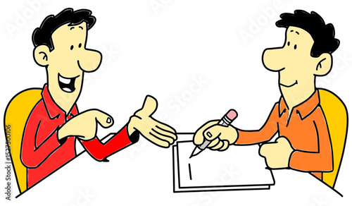 Two cartoon men in a meeting discussing work