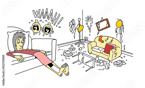 Cartoon woman lying on floor near upset couch