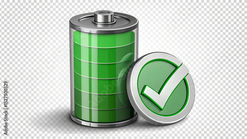 3D full battery icon in green with metallic top and check mark badge, indicating complete charge or power success, on transparent background.
