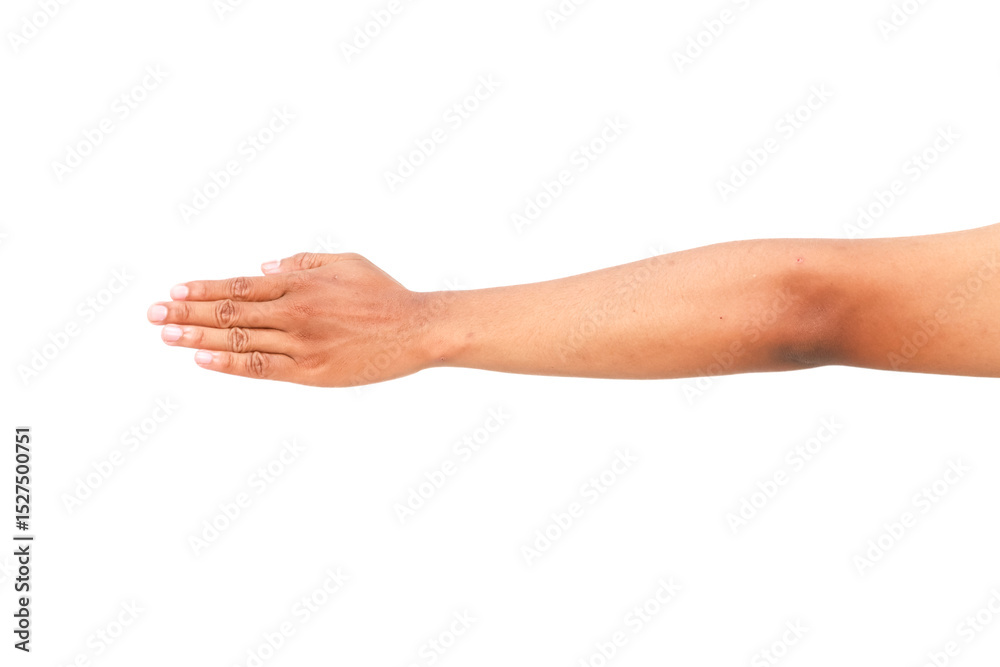Isolated human arm with open palm on a white background, representing a reaching gesture, skin tones Isolated human arm with open palm on a white background, representing a reaching gesture, skin tones