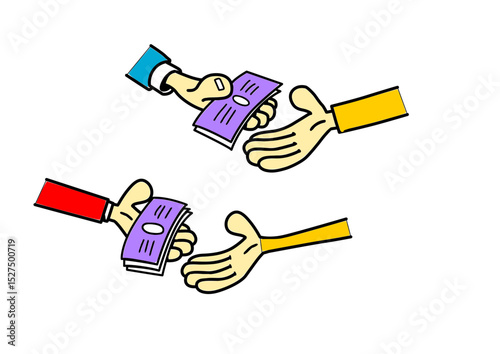 Cartoon hands exchanging money bills transaction