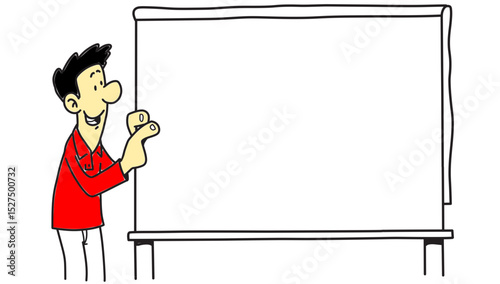 Cartoon man presenting on a blank blackboard