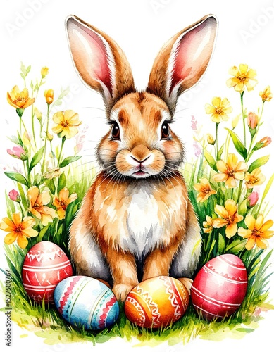 bunny and easter eggs watercolor holiday card.