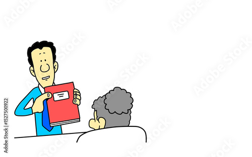 Cartoon man looking at blue arrow graphic