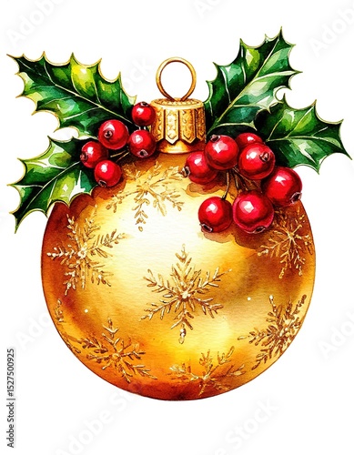 Christmas ball and holly. Watercolor holiday card.