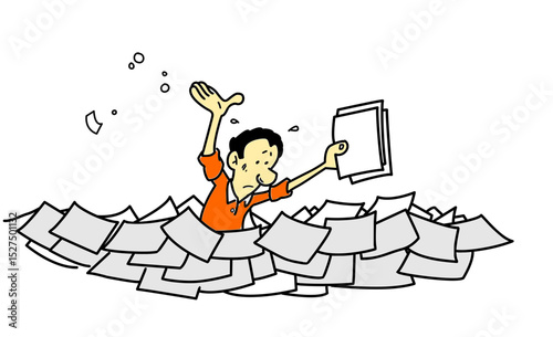Overwhelmed man drowning in a sea of paperwork