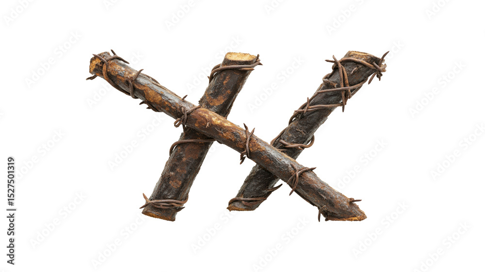 Fototapeta premium Rustic Wooden Cross with Barbed Wire - X Symbol