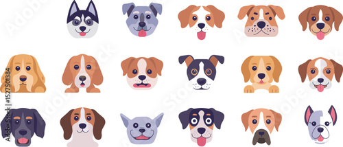 Cute dog face vector set, cartoon puppy icons, pet breed illustration, flat design animal heads, adorable dog portraits collection