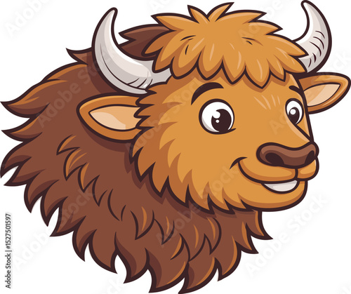 Cartoon bison head with fluffy fur, small horns, and a friendly expression cute wild animal vector illustration isolated on white background.