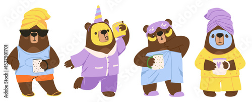 Bear in the morning. Cup of coffee after shower. Mask and patches under the eyes. Funny collection of cute bears. Flat vector illustration, eps10