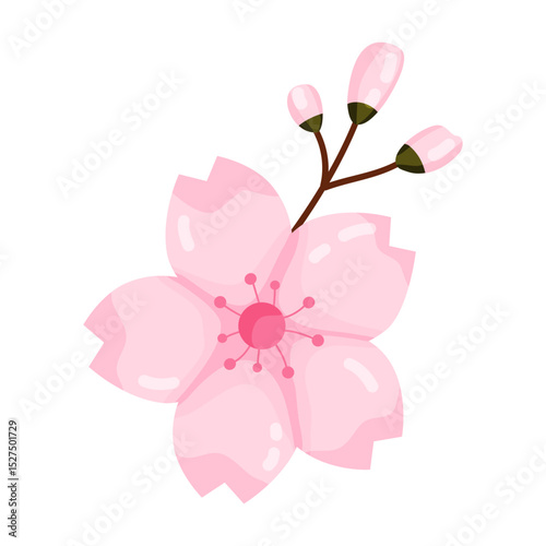 A simple delicate illustration of a single pink cherry blossom or sakura flower, with unopened buds on a small brown branch. This charming floral element beautifully captures spring essence. Ideal for