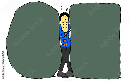 Anxious businessman hiding between two walls