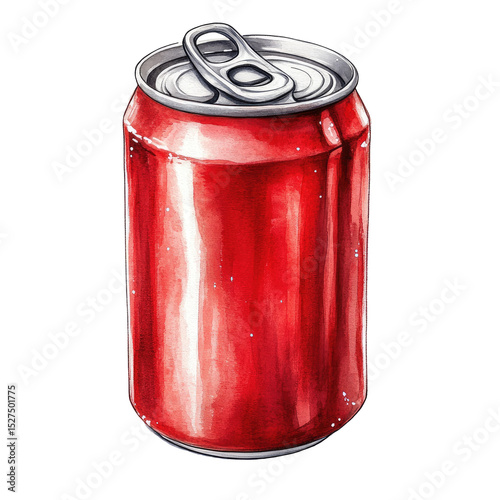 Watercolor Illustration of Red Soda Can Isolated on White Background