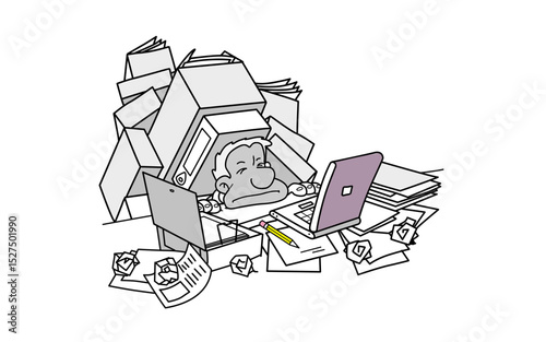 Overwhelmed man working with laptop and papers