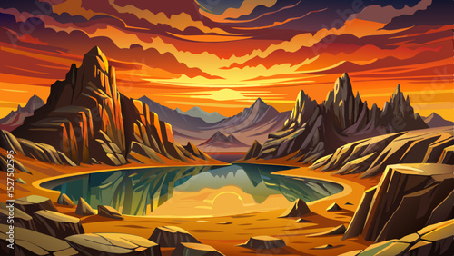 Vector illustration of a serene high-altitude lake reflecting the yellow sky perfect for peaceful nature scenes, meditation art, and scenic travel posters