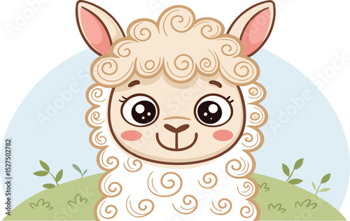 Cute Llama Alpaca Face Vector Happy Farm Animal with Curly Wool.