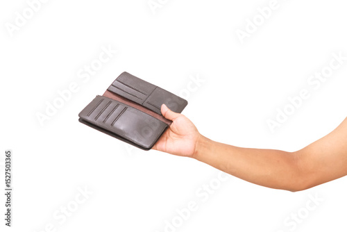 Hand holding an empty wallet on a white background depicting financial crisis