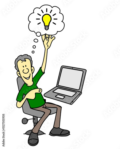 Cartoon man having a great idea at laptop