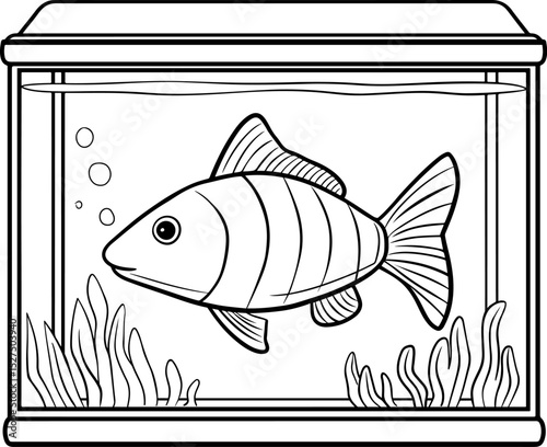 Simple and relaxing coloring page of a fish swimming in an aquarium with algae, perfect for kids and adults