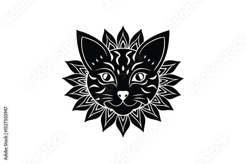 Mandala cat face in floral ornamental design with tribal style vector art illustration