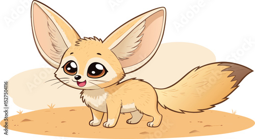 Kawaii style fennec fox face with oversized ears and shiny eyes adorable desert animal vector illustration isolated on white background.