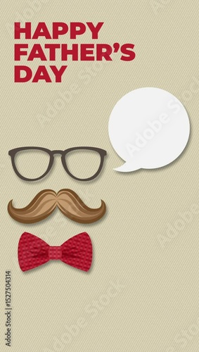 Minimal Father’s Day Greeting with Glasses, Mustache, Red Bow Tie, and Speech Bubble on Beige Background