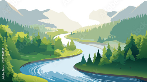 Aerial View of Winding River Through Lush Landscape – Nature Vector Illustration