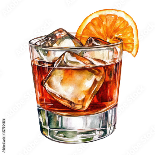 Watercolor Illustration of Red Cocktail with Ice Cubes and Orange Slice in Glass Isolated on White Background
