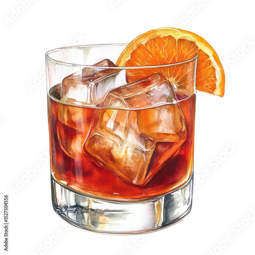 Watercolor Illustration of Red Cocktail with Ice Cubes and Orange Slice in Glass Isolated on White Background