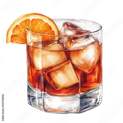 Watercolor Illustration of Red Cocktail with Ice Cubes and Orange Slice in Glass Isolated on White Background