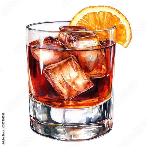 Watercolor Illustration of Red Cocktail with Ice Cubes and Orange Slice in Glass Isolated on White Background