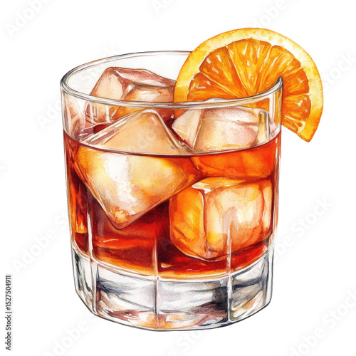Watercolor Illustration of Red Cocktail with Ice Cubes and Orange Slice in Glass Isolated on White Background