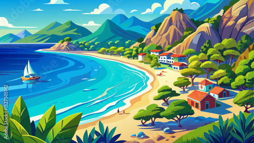 Beautiful summer Mediterranean coastal landscape featuring the scenic Cirali Olympos Beach near the village of Cıralı in Antalya Province, Turkey. Crystal-clear blue sea, sandy shore