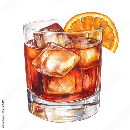 Watercolor Illustration of Red Cocktail with Ice Cubes and Orange Slice in Glass Isolated on White Background