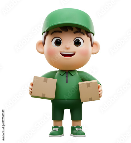 Happy 3D cartoon delivery boy with box on green