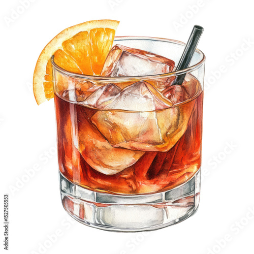 Watercolor Illustration of Red Cocktail with Ice Cubes and Orange Slice in Glass Isolated on White Background