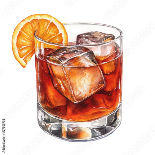 Watercolor Illustration of Red Cocktail with Ice Cubes and Orange Slice in Glass Isolated on White Background