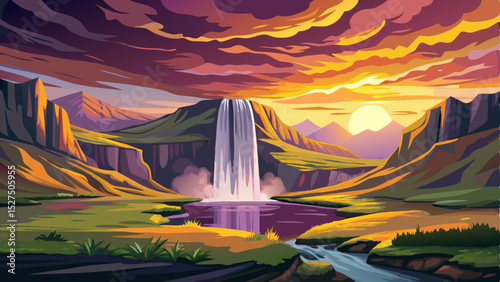 Majestic Seljalandsfoss Waterfall in Iceland captured. Stunning natural landscape with vibrant colors, dramatic sky, and the powerful cascade of water creating a breathtaking scene