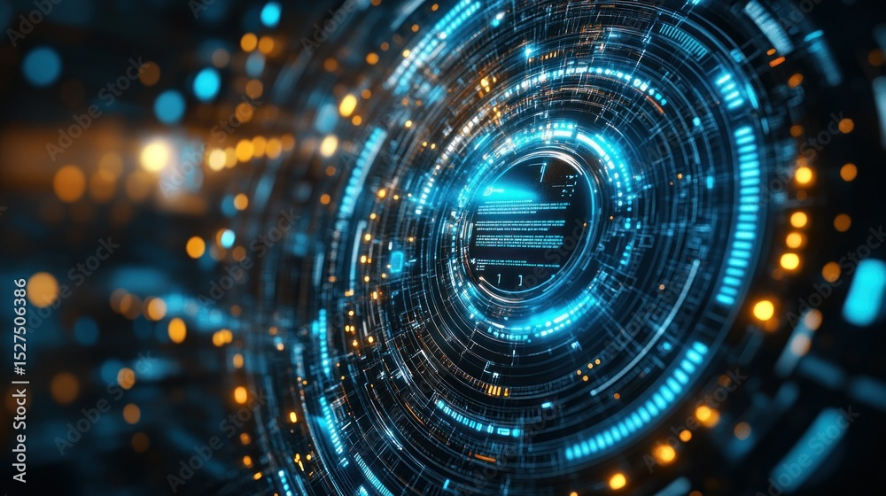Fototapeta premium Futuristic digital interface with glowing concentric circles and data