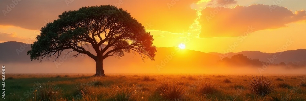 Obraz premium Misty sunrise paints acacia trees, golden light on dew-kissed grass, grass, Africa