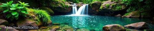 Serene waterfall cascading over moss-covered rocks into a crystal-clear pool , majestic, autumn