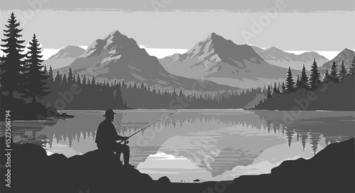  silhouette of a fisherman sitting on a rock at the edge of a serene lake