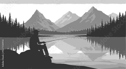 silhouette of a fisherman sitting on a rock at the edge of a serene lake
