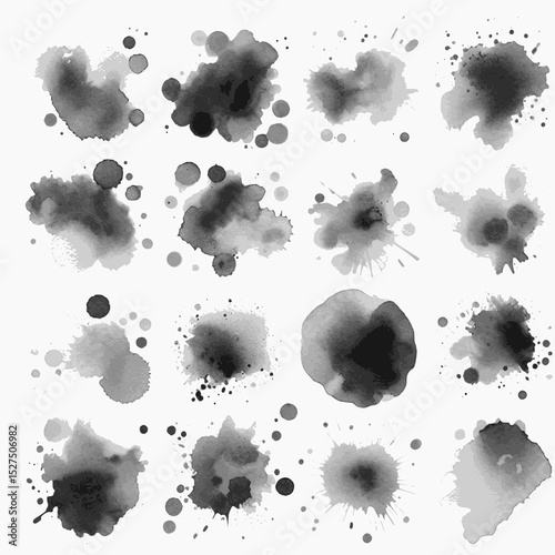 Abstract vector black and white ink blots. Set of watercolor splashes. Multilayer SVG file without gaps between paths.