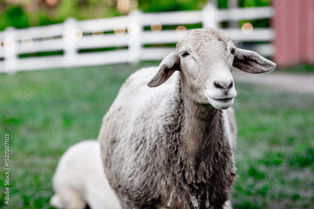 Fototapeta premium White sheep grazing in pasture near wooden fence on a farm