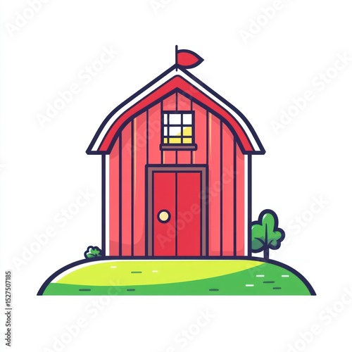 Cartoon red barn on a grassy hill